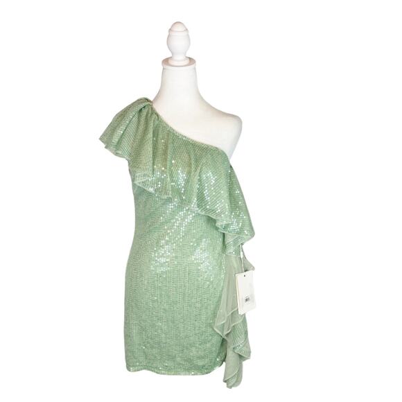 Mac Duggal One Shoulder Ruffle Mini Dress Green 4 NWT - Picture 4 of 12